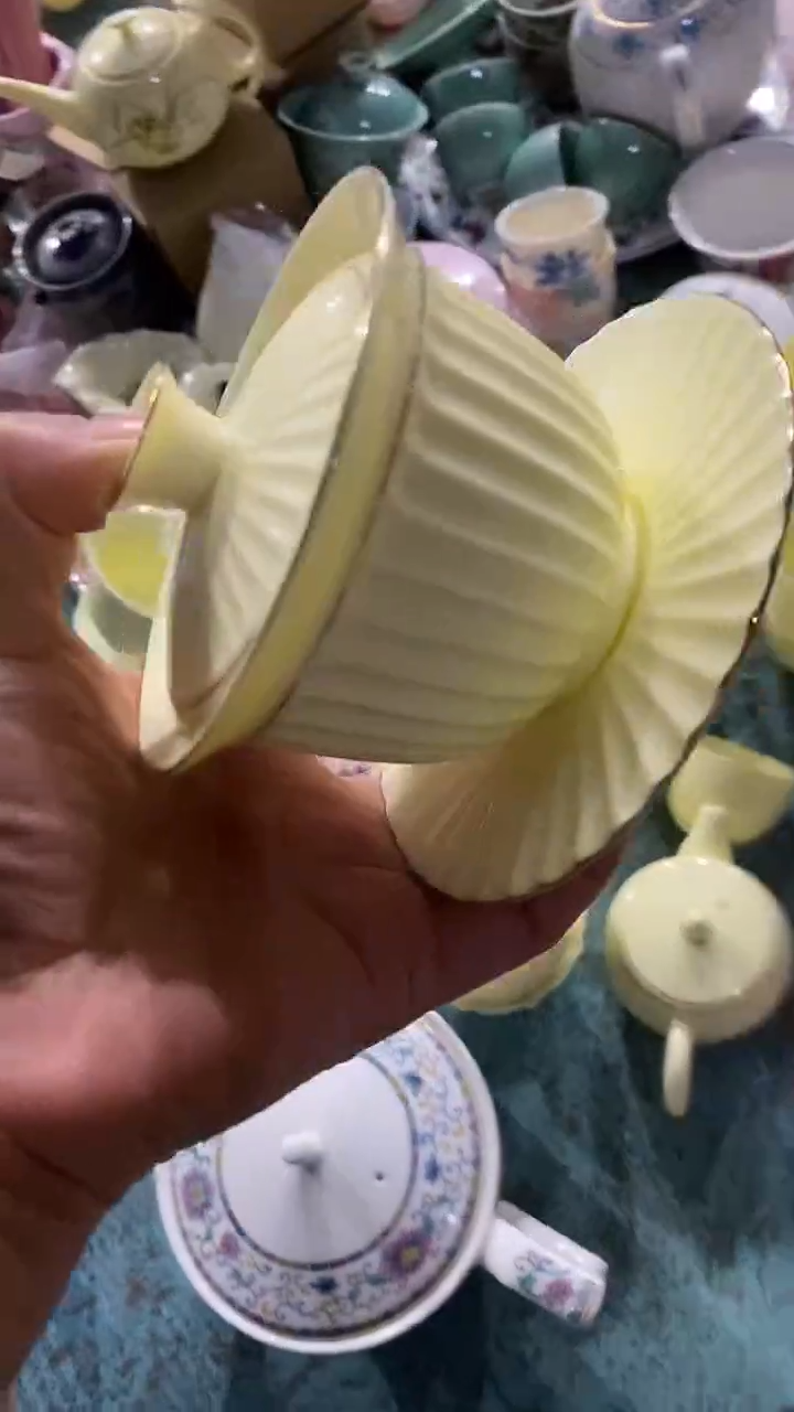 摆件陶黄嘻嘻竖条纹三才盖碗