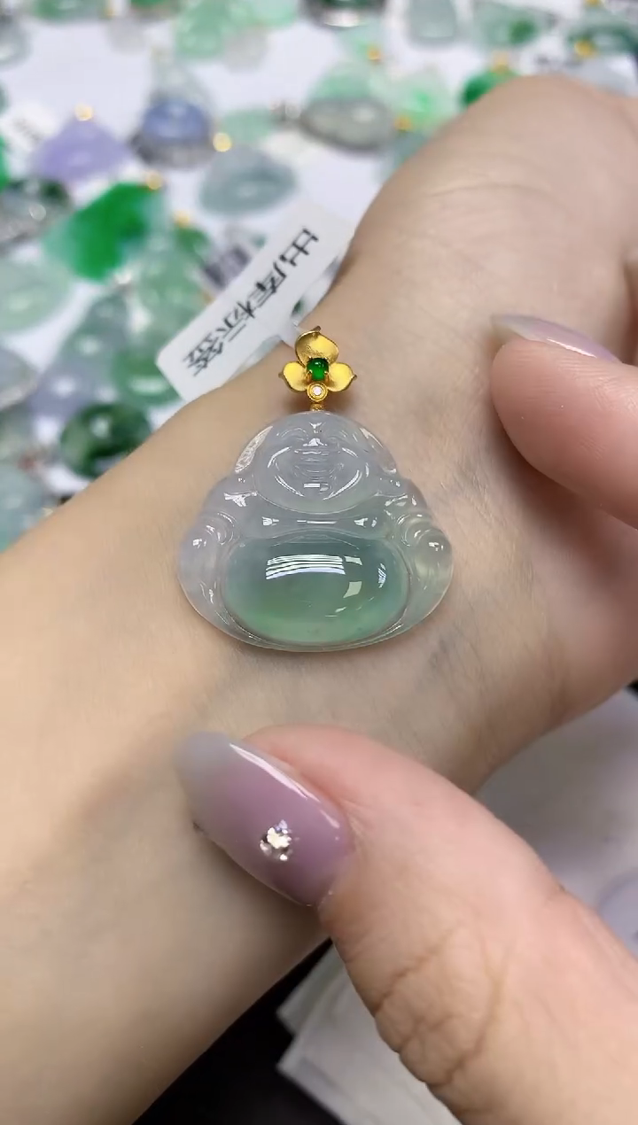 颈饰18K金镶嵌翡翠天然缅甸翡翠A货百元以上9元证书费自理