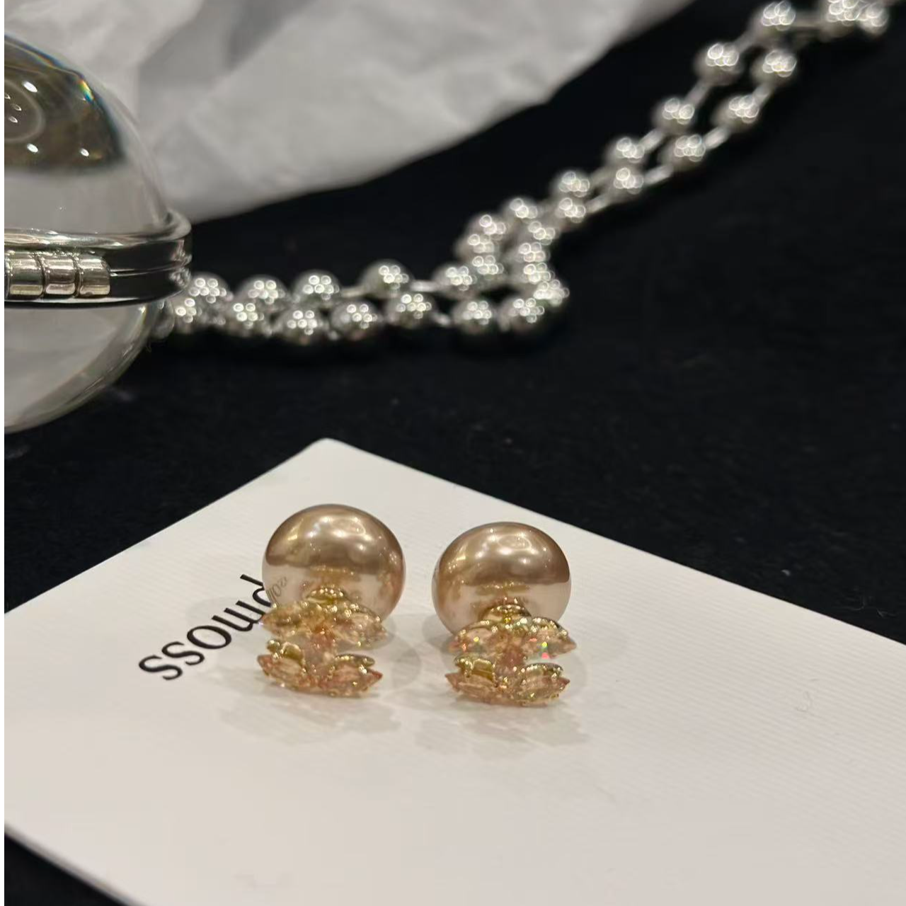 黄铜锆石耳饰 轻奢气质锆石双C珍珠时尚耳钉小香风设计耳环女