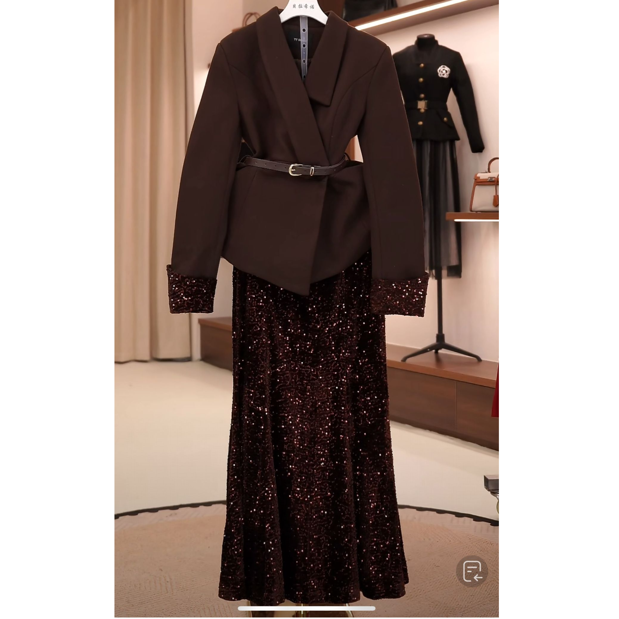 kk051显瘦高腰时尚长袖时尚套装气质轻奢黑色小香风设计师