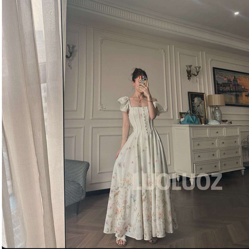 LUOLUOZ【繁花交响】法式气质收腰绝美女神范时尚长款连衣裙CC098