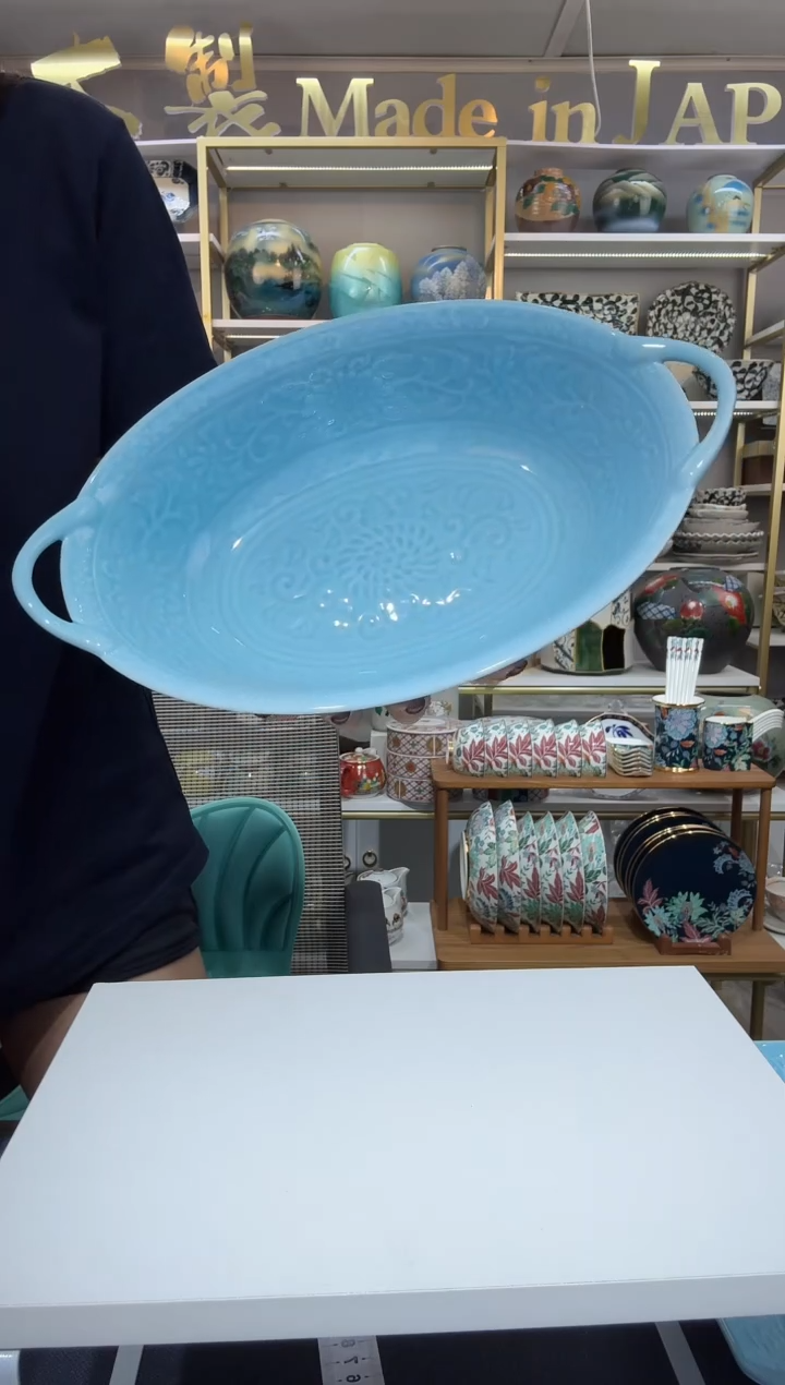 陶瓷青磁双耳椭圆钵31cm×19cm一支HS009
