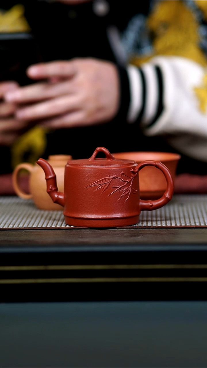 茶壶紫砂丽****活全手朱泥竹段壶