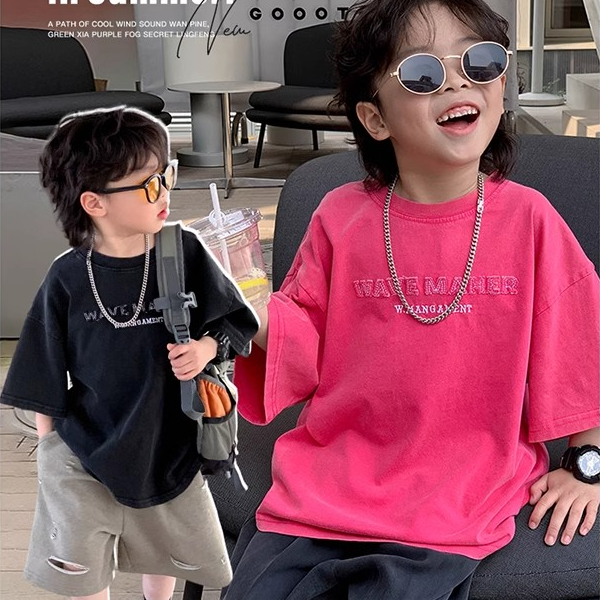童装儿童夏装短袖潮酷玫粉色绣花字母痞帅男童t恤短袖休闲洋气