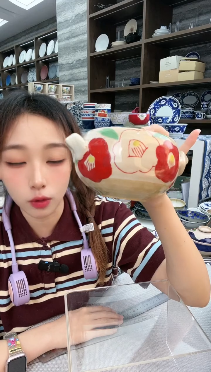陶濑户烧手绘红花小双耳钵400ml