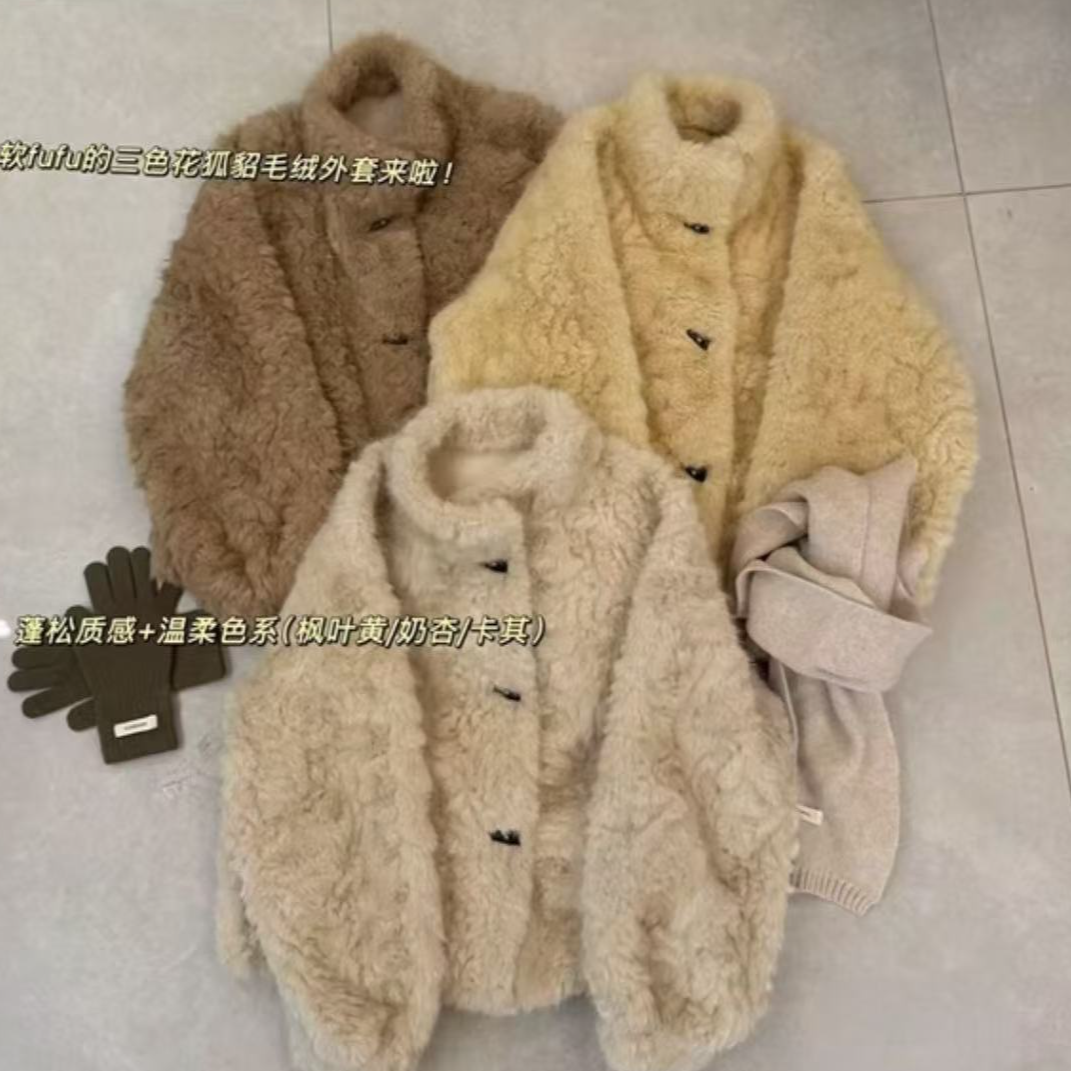 韩系ins风牛角扣厚款毛毛外套6669