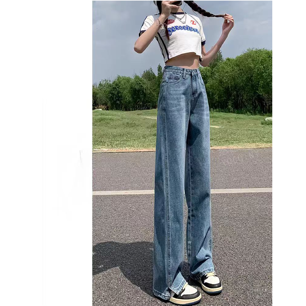开叉直筒牛仔裤女春秋新款高腰显瘦宽松小个子百搭水洗牛仔高含棉