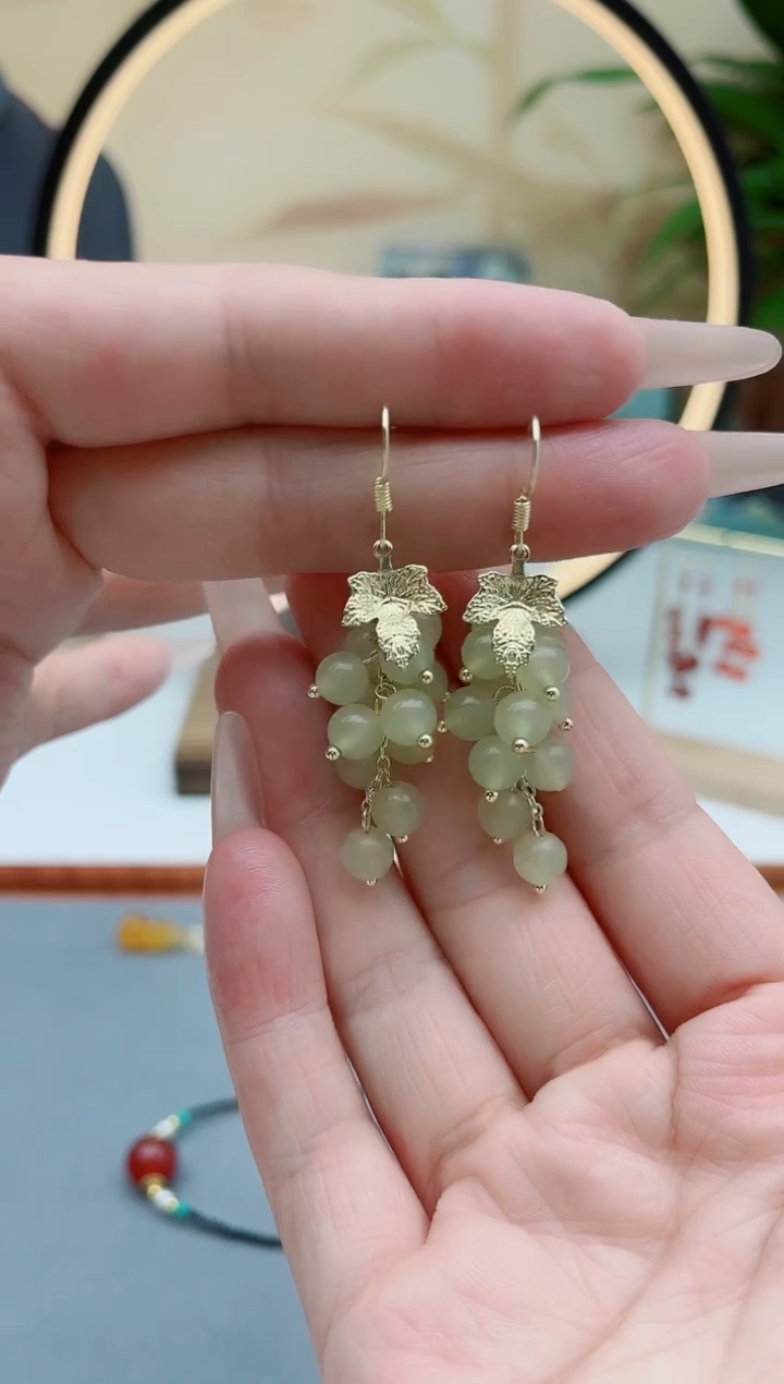 东陵石银S925镶嵌耳饰00葡萄青色