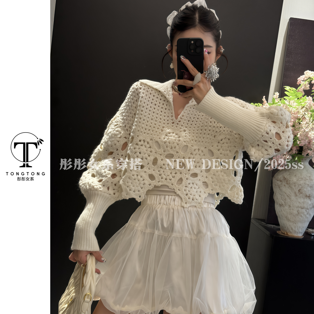 TongTong女关系 翻领纯色灯笼袖薄款镂空毛针织衫百搭针织衫气质