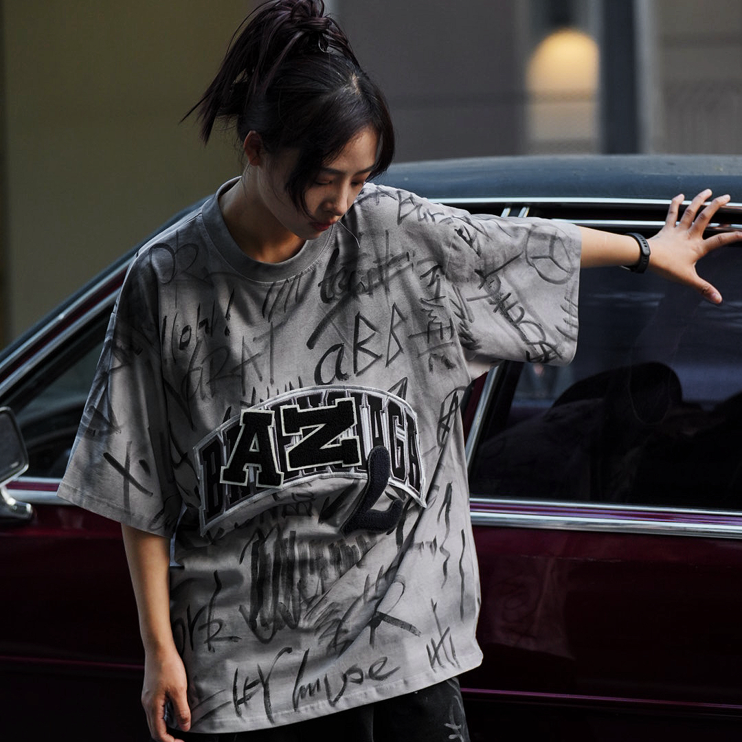 XLUN 【颓废摇滚】明星同款重磅涂鸦短袖 拼接印花宽松不规则男女款