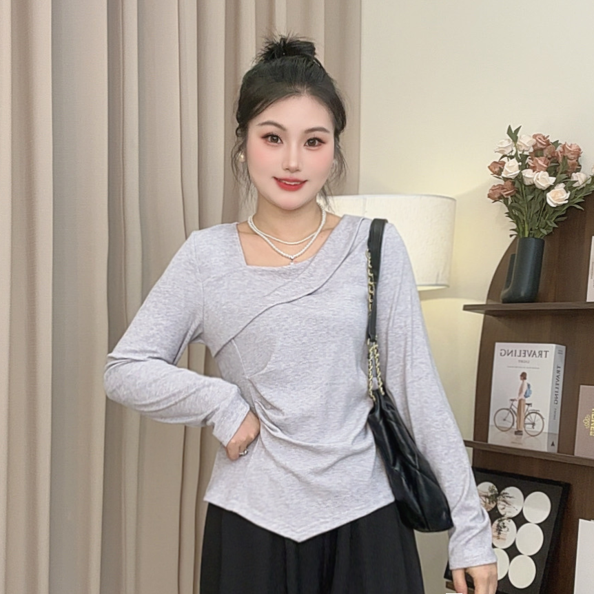 不规则斜领正肩长袖t恤女秋季大码胖mm遮肉显瘦褶皱收腰短款上衣