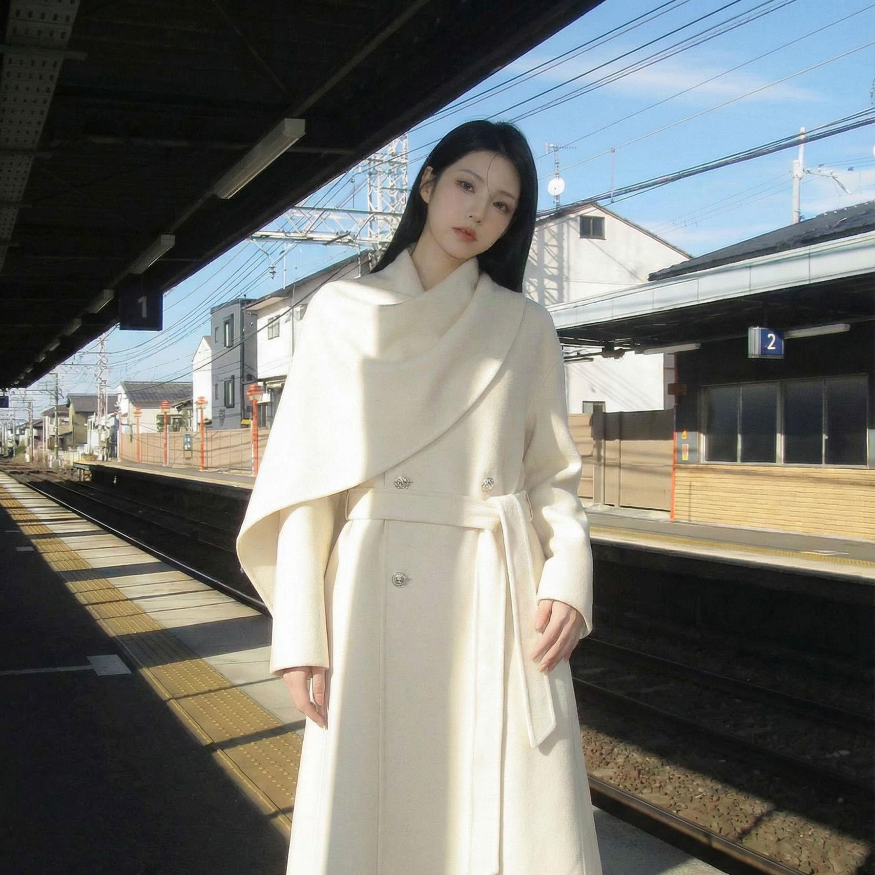  满庭芳深冬独特超好看羊毛毛呢外套女冬双面呢白色呢子围巾大衣