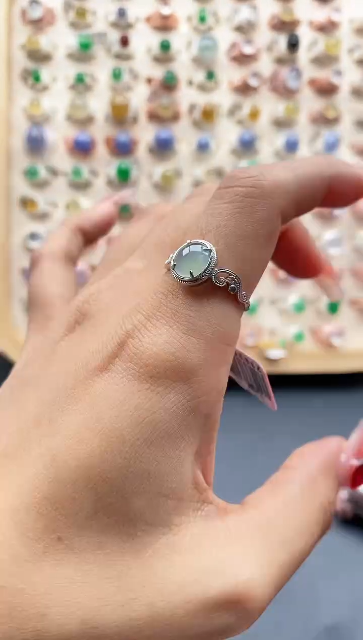 【闪购商品】翡翠戒指银S925镶嵌缅甸天然A货翡翠444 1+5