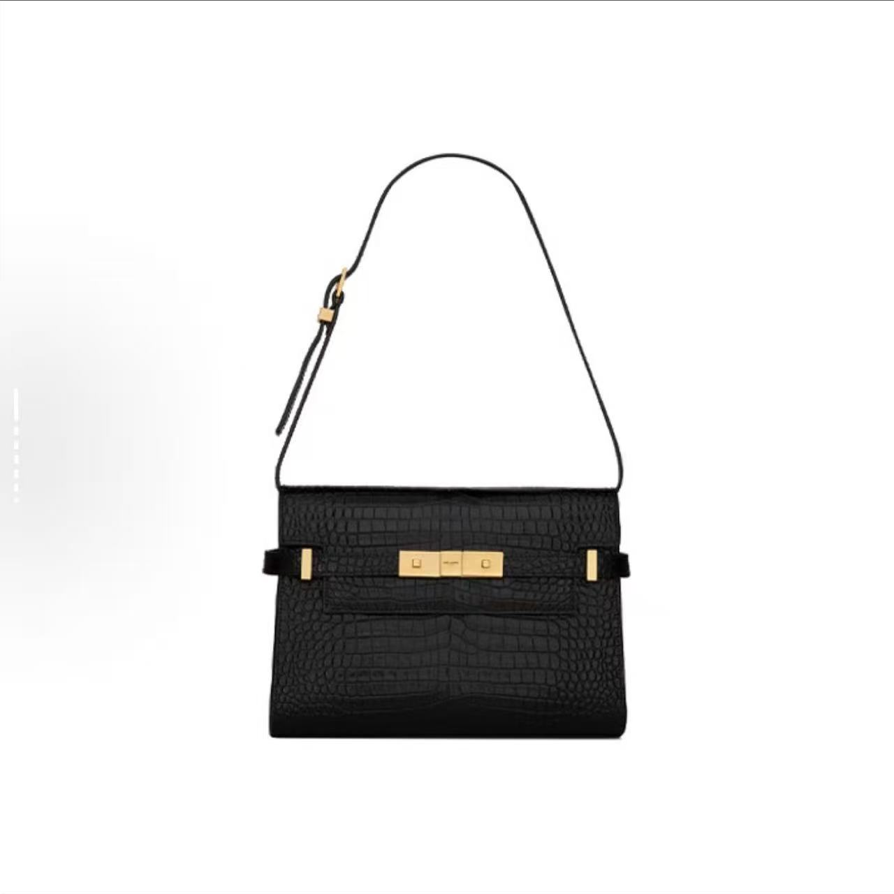99新 YSL/圣罗兰 曼哈顿金扣鳄鱼压纹小/中号单肩手提包