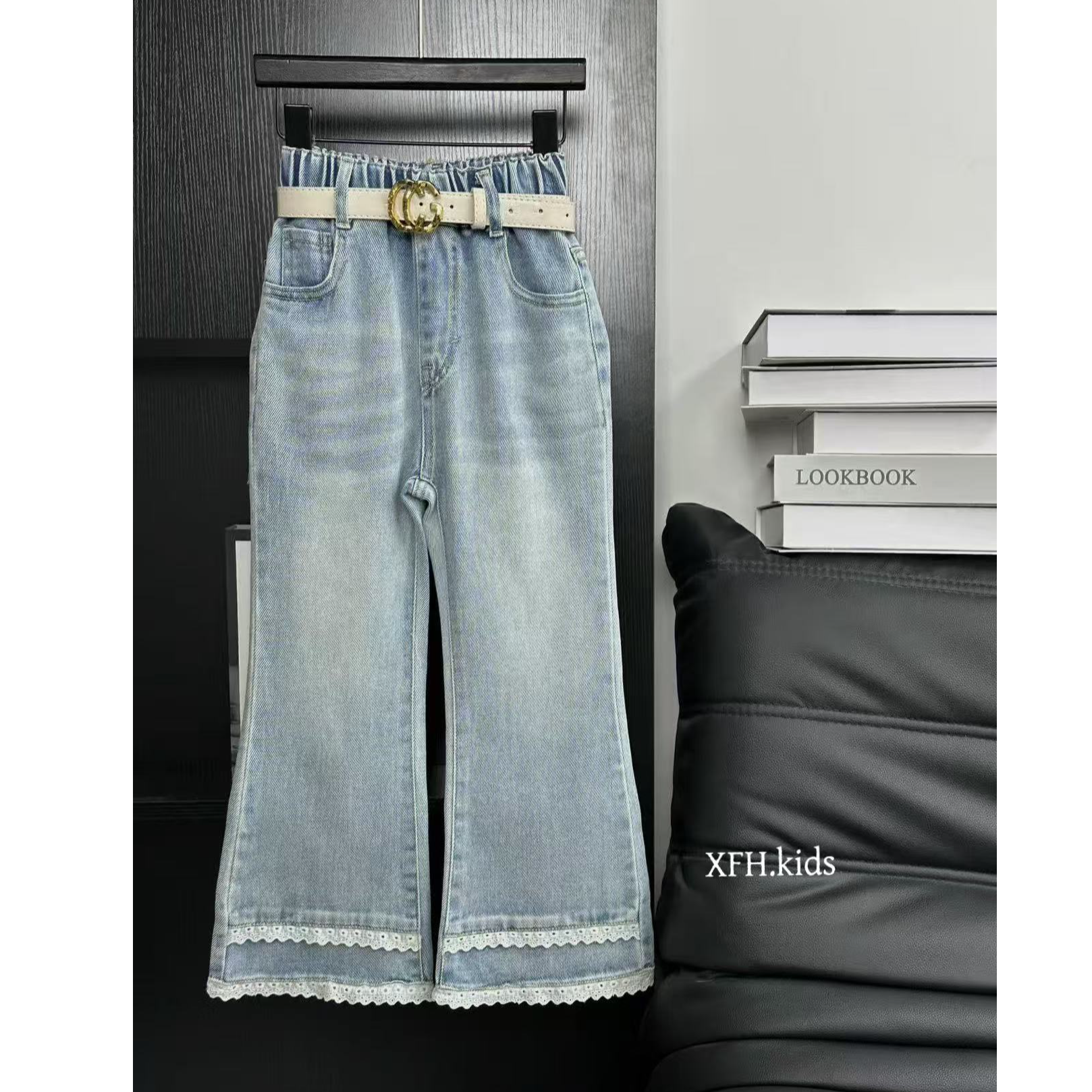 女童春季韩版花边牛仔喇叭裤女宝宝微喇裤