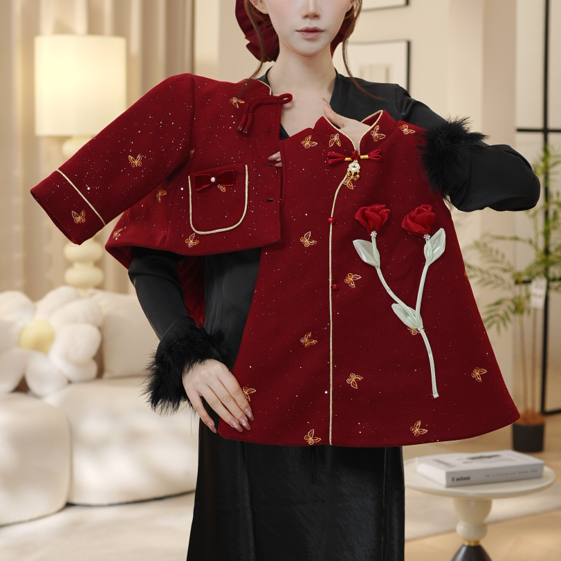 2025冬季女童新款加厚小香风红色花朵上衣外套背心裙两件套30925
