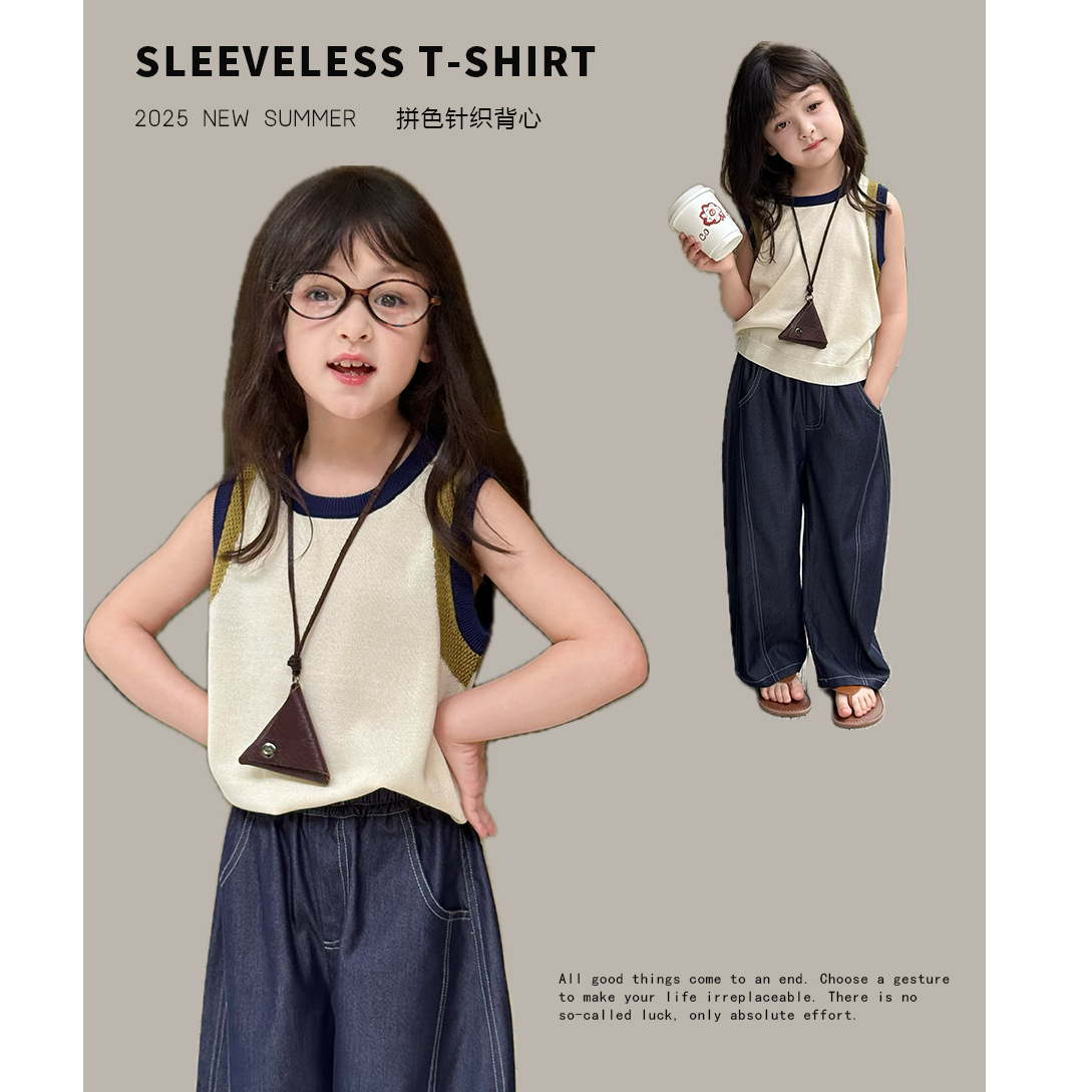 【夏季新品】女童时髦感休闲撞色T恤女童轻薄针织拼色小背心25C176