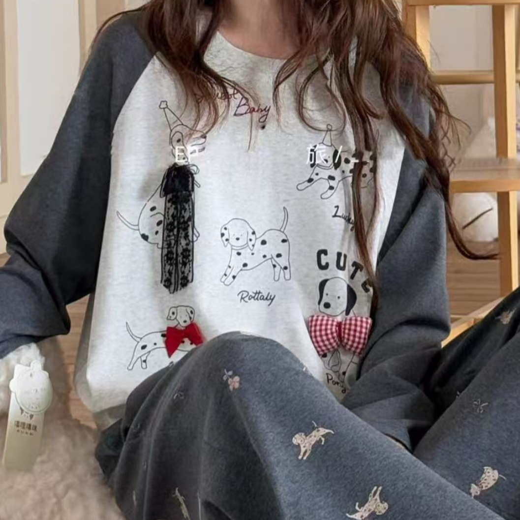 “超舒服”斑点狗蕾丝带兜重工家居服睡衣套装