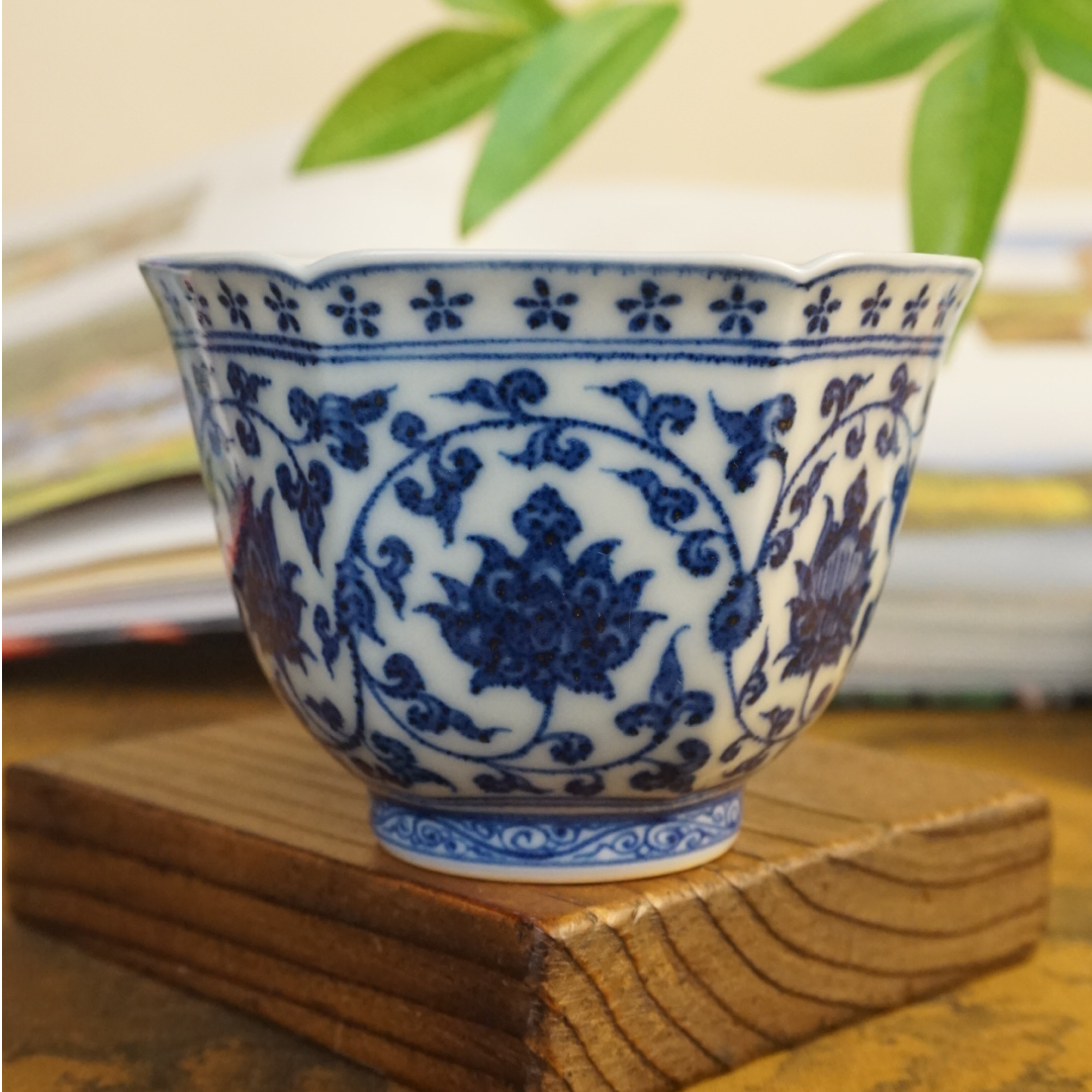 望月御品纯手工手绘仿永乐青花缠枝莲六方杯景德镇陶瓷柴窑主人杯