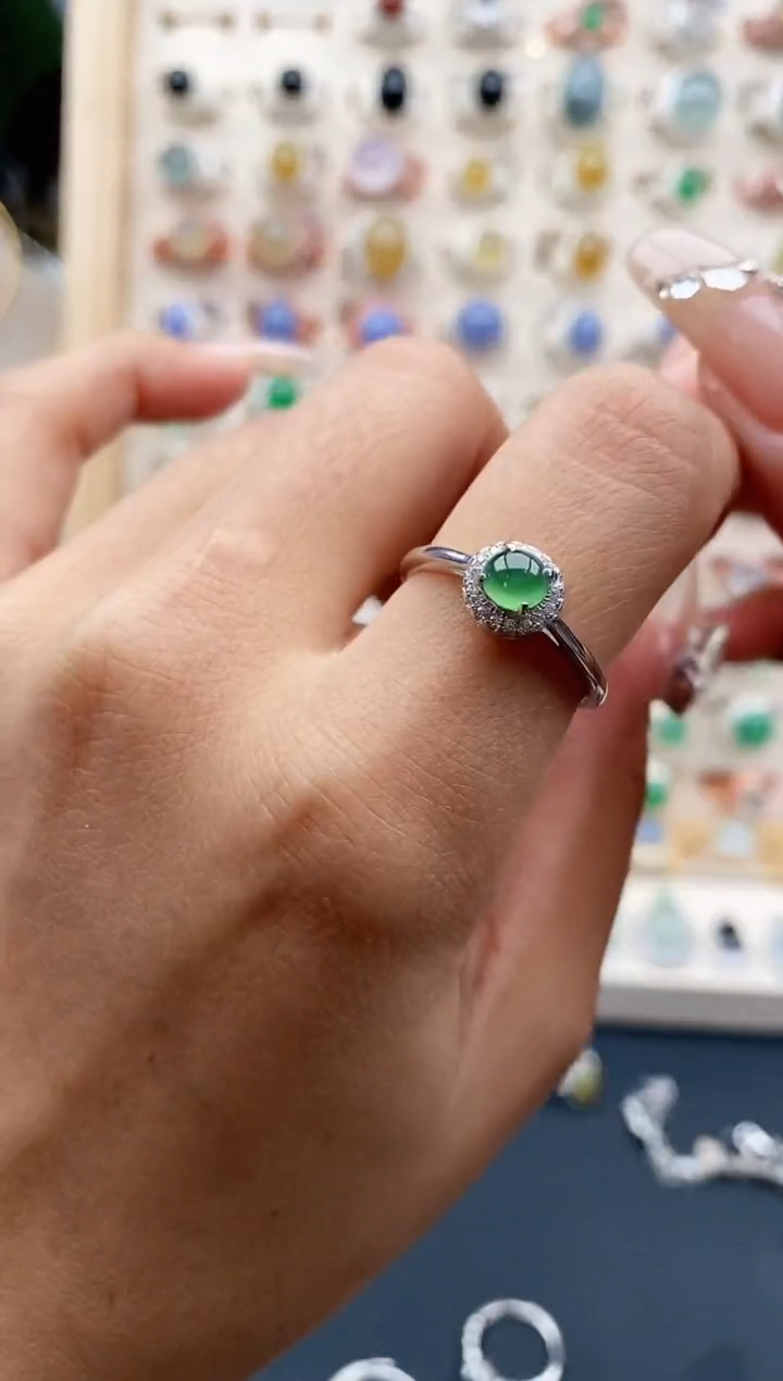 【闪购商品】翡翠戒指银S925镶嵌缅甸天然A货翡翠111  4+9