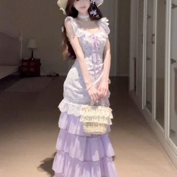 桔梗house 茉莉可可【现货】法式温柔碎花小飞袖上衣紫色荷叶边长裙