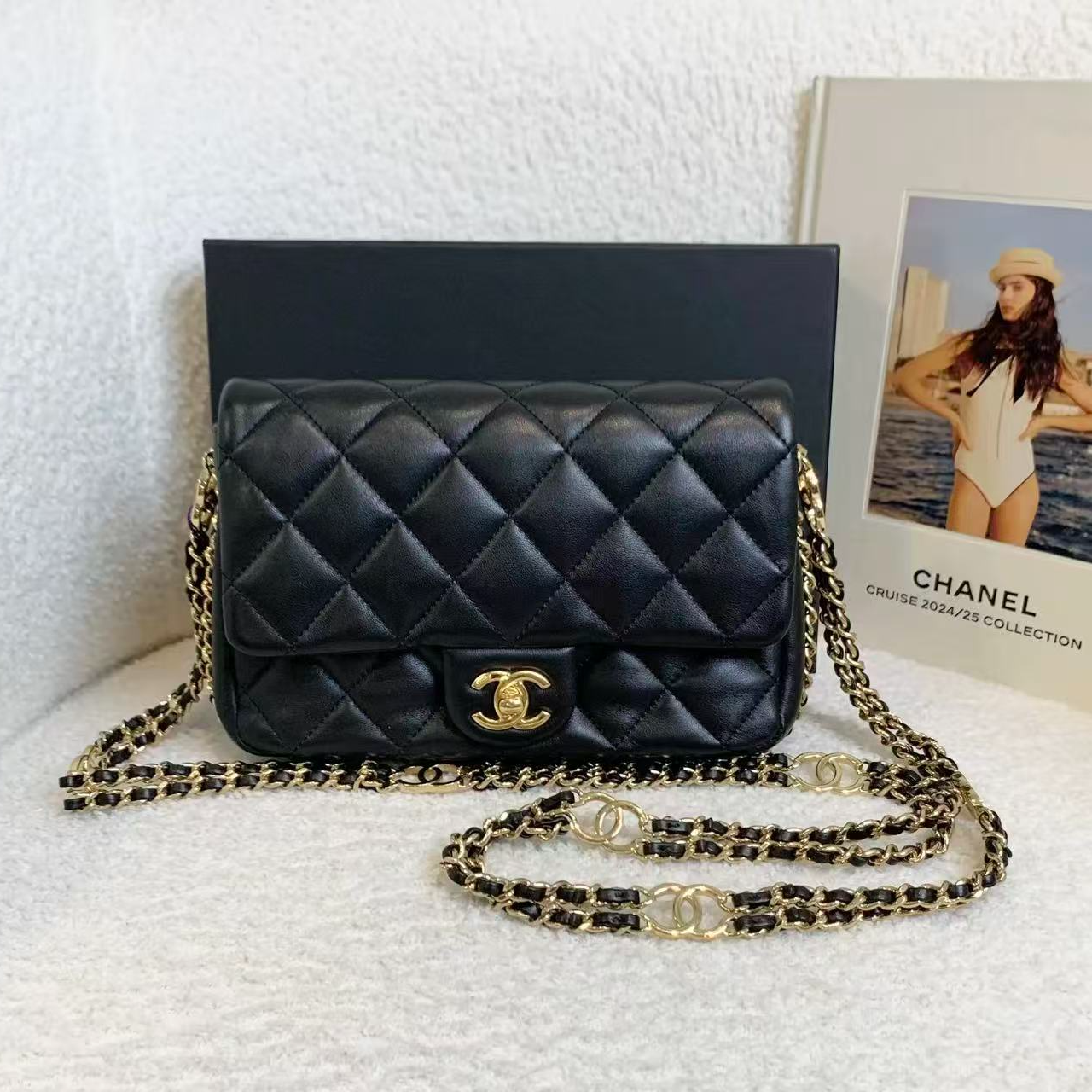 95新 Chanel/香奈儿 黑金双C口盖包/70001095/12期免息/代卖服务