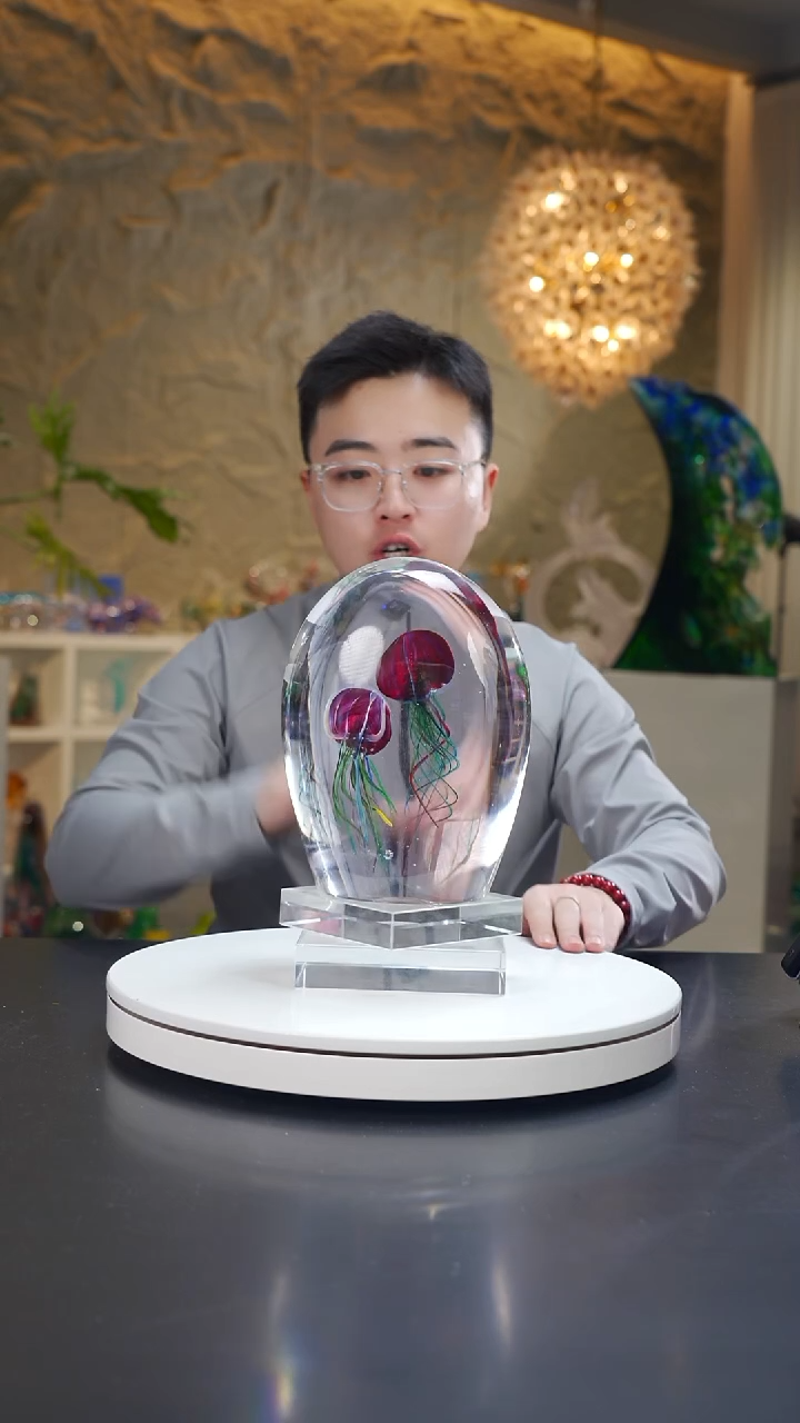 手工艺品琉璃常****饰金红双头水母摆件27号+底座