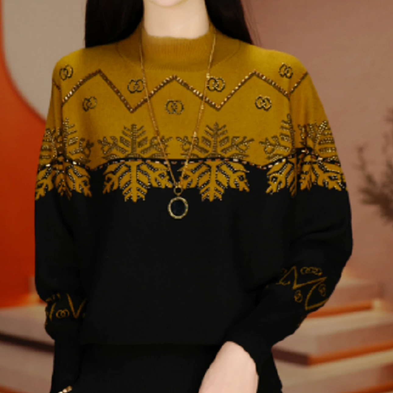 中式高档舒适百搭长袖针织毛衣秋冬新款大码烫钻拼色内搭显瘦上衣