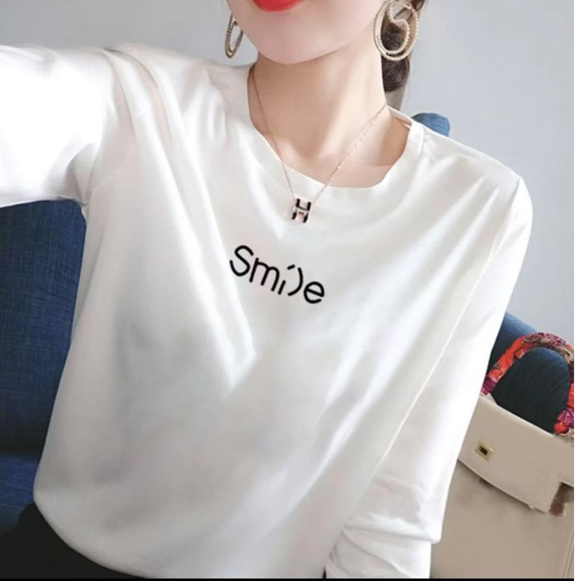 Smile上衣女2025新款ins棉质白色打底T恤女长袖圆领内搭高档宽松