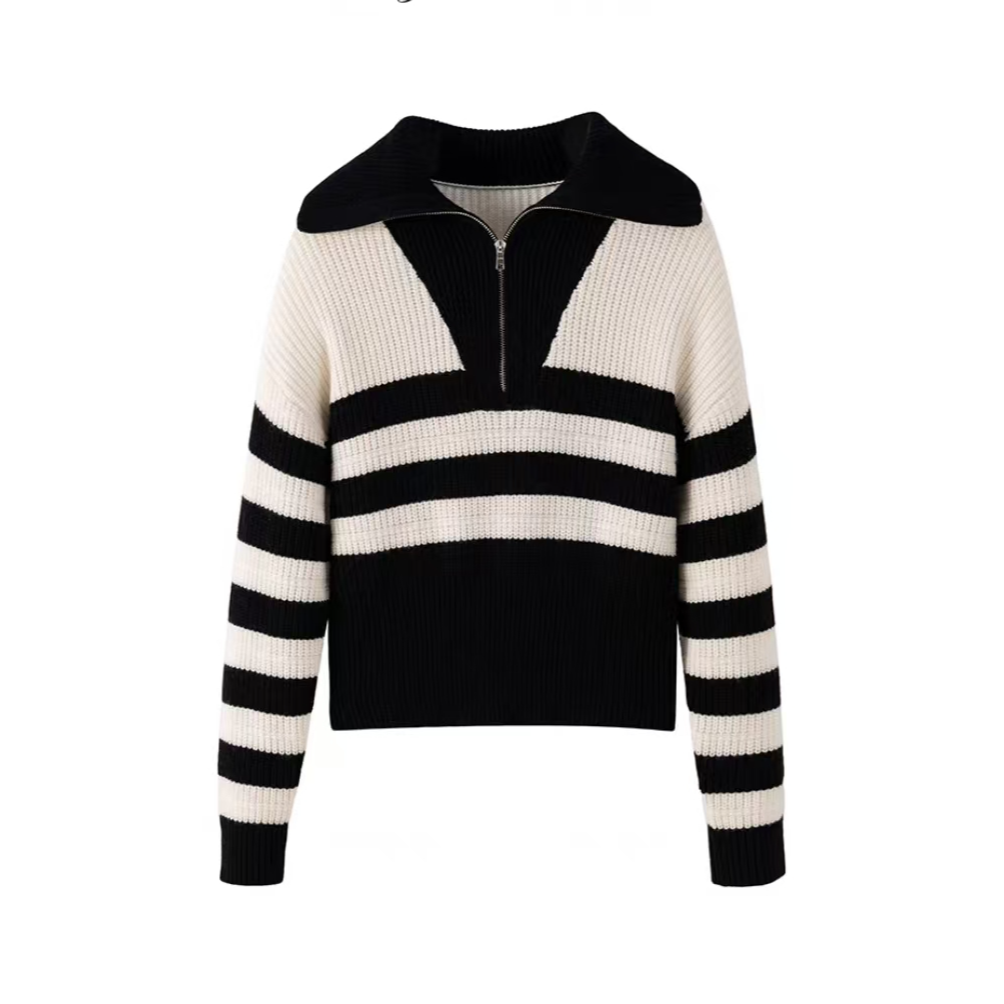 专柜正品打翻领半拉链毛衣秋冬新款女装宽松条纹针织衫绵羊毛上衣