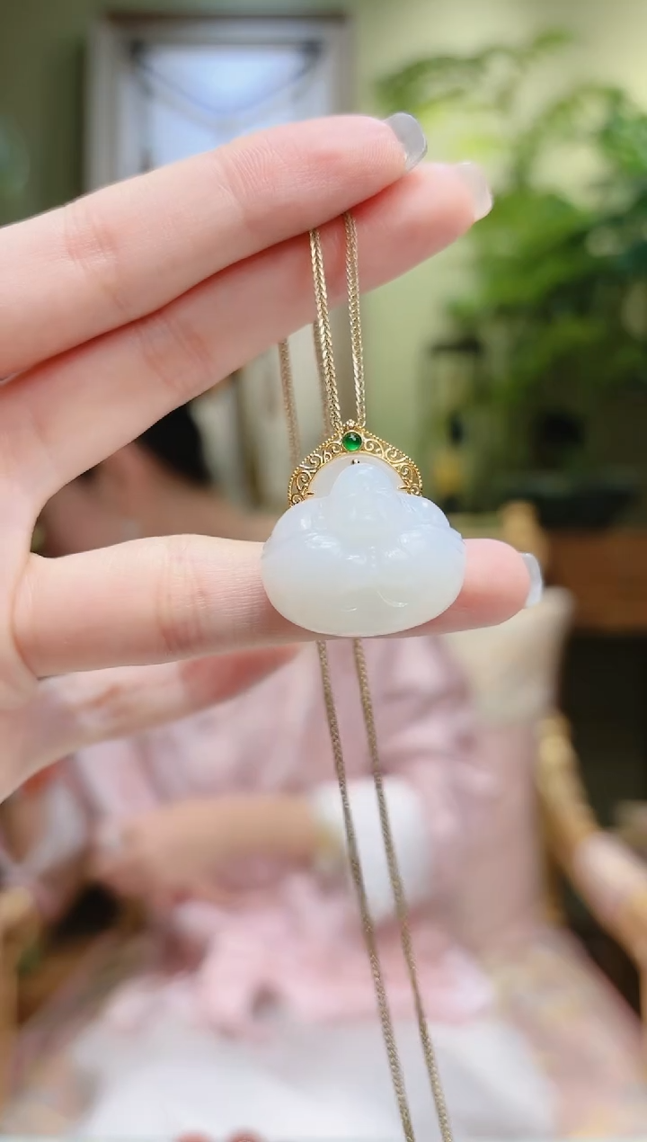 【闪购商品】和田玉吊坠18K金镶嵌财神和田玉吊坠Y