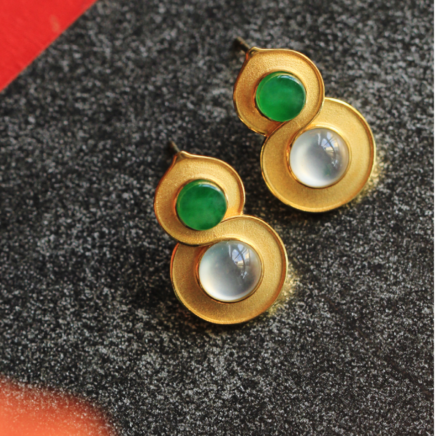 山肆福禄“发” 冰种翡翠满绿翡翠18k耳钉