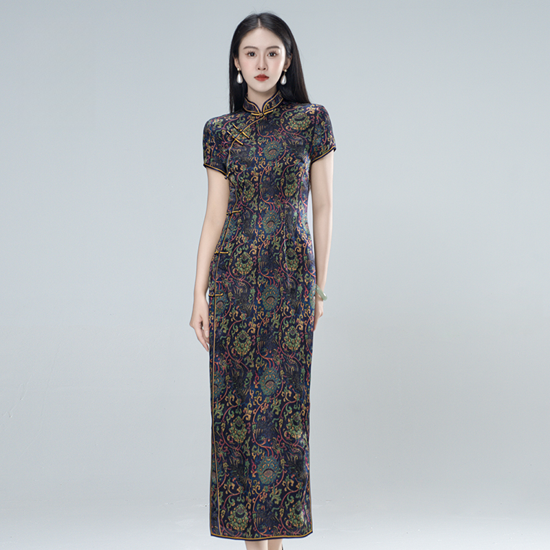 香云纱（池雨）提花修身复古气质新中式立领旗袍连衣裙-61104