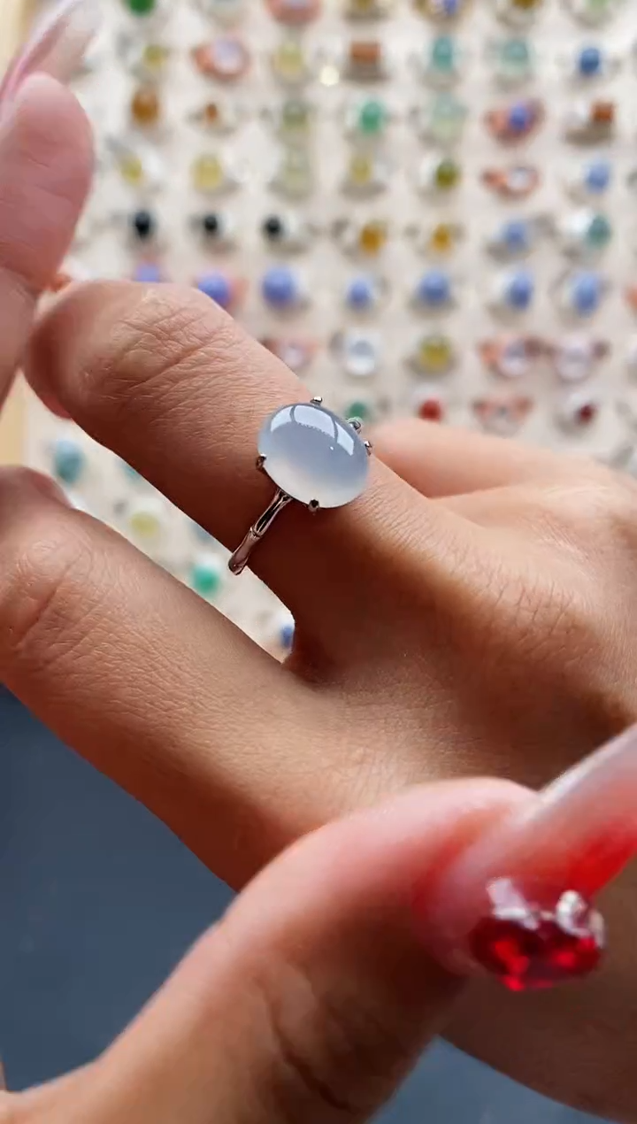 【闪购商品】翡翠戒指银S925镶嵌缅甸天然A货翡翠555 1+3