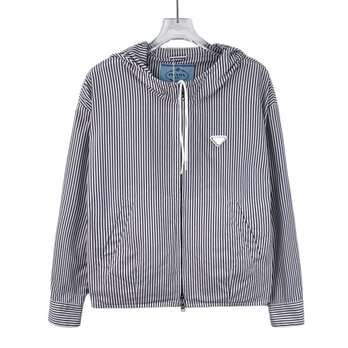 99新 Prada/普拉达 HW0871 24款蓝色三角标条纹长袖夹克外套 36码