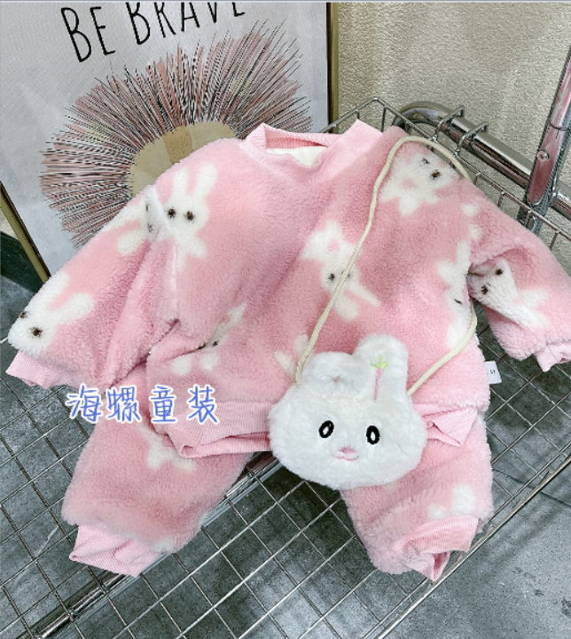 【清仓】泰迪绒满印小兔包包加绒加厚套装
