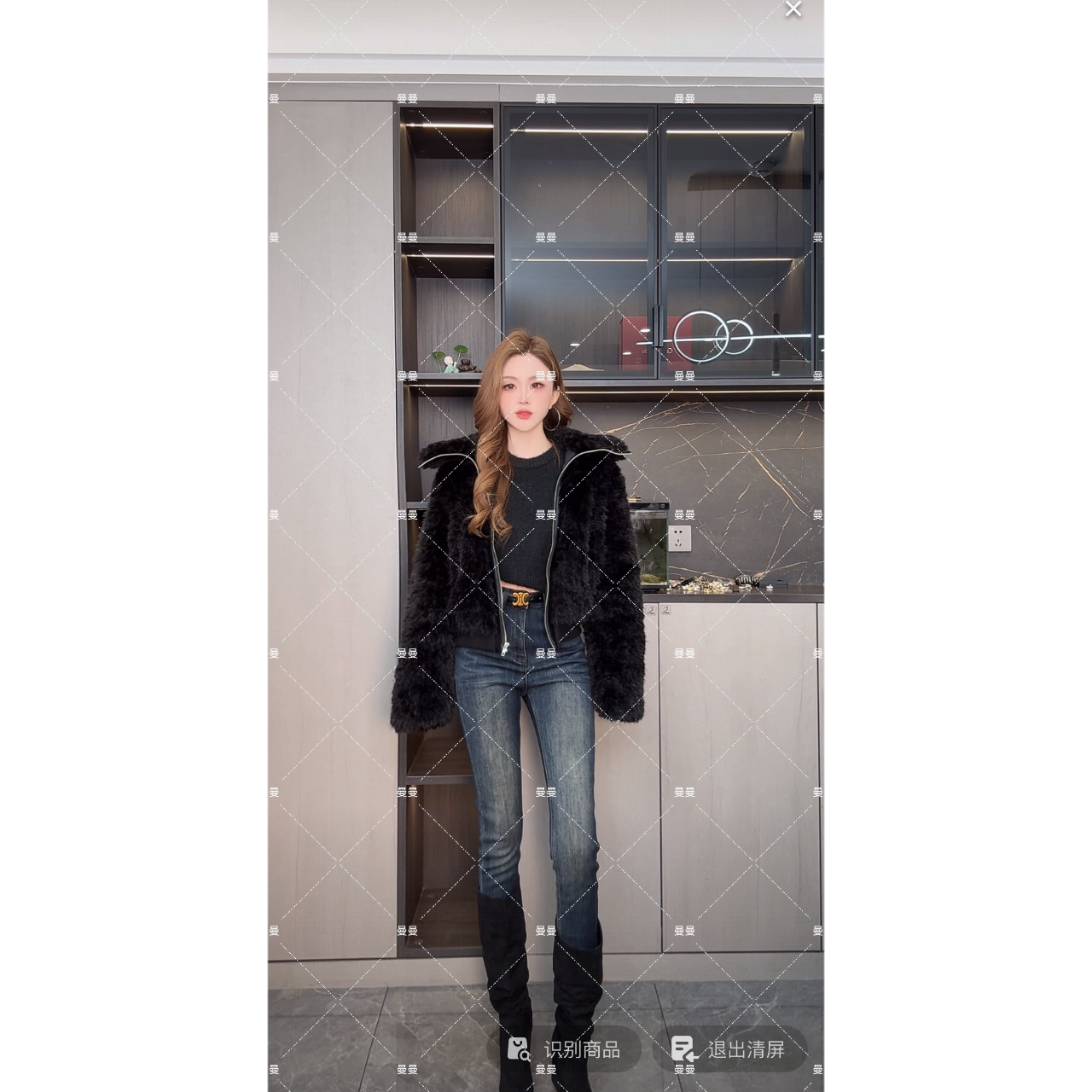 曼曼【慵懒小卷绒】设计感环保毛拼pu皮翻领外套女秋冬25408#