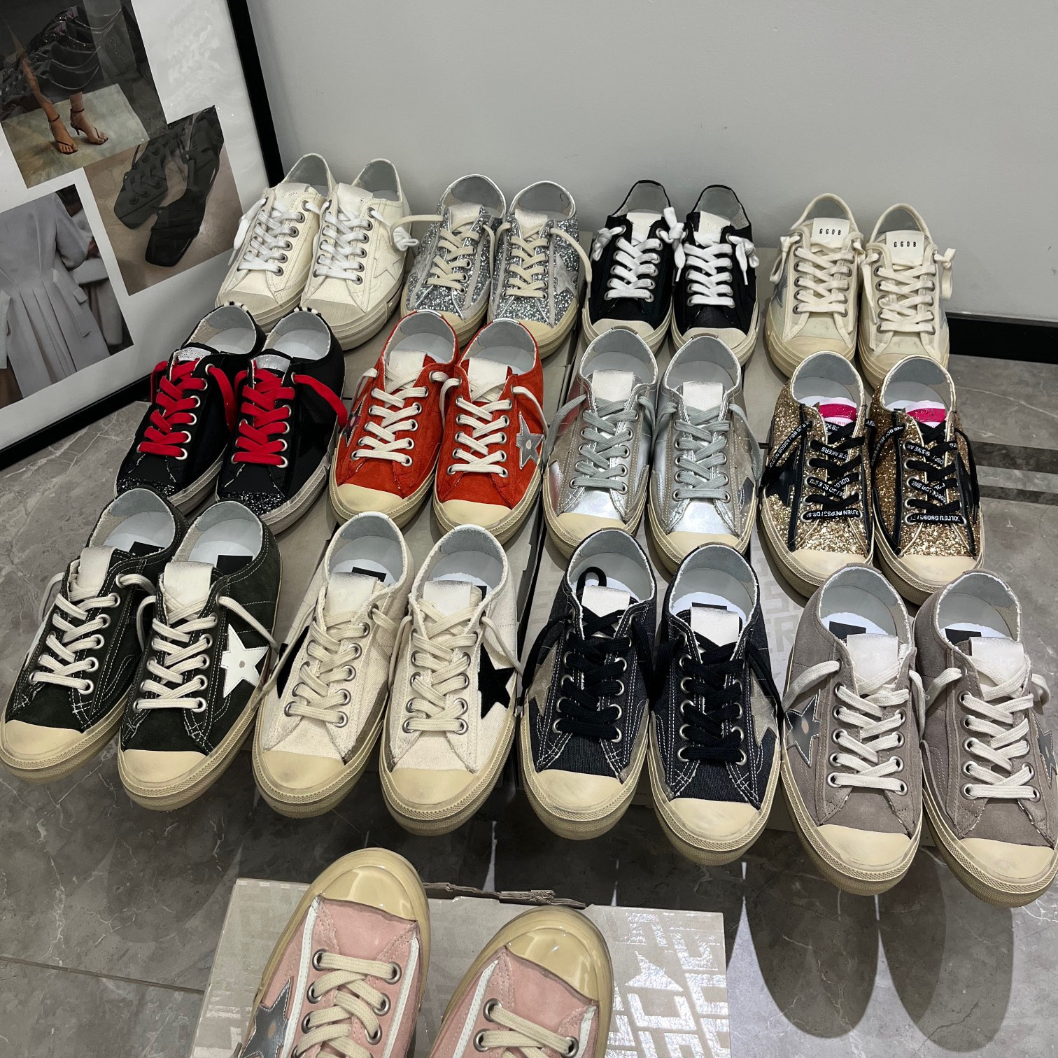 经典V系列伟霆同款白黑帆布银亮片做旧小脏鞋女内增高休闲板鞋男