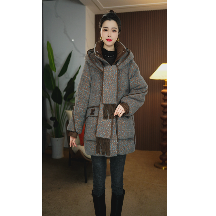 【JH】D8203冬季设计感围巾连帽新款优雅百搭白鸭绒羽绒服女