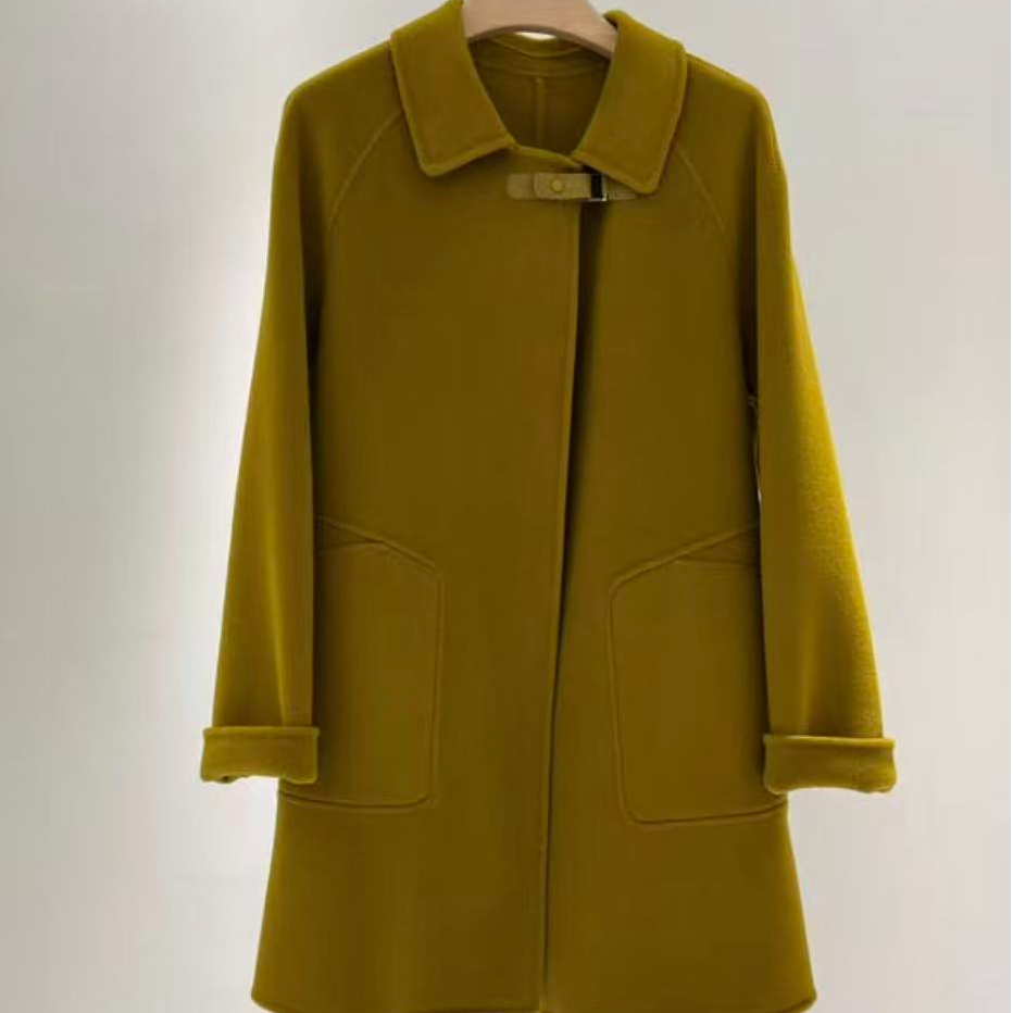 【孤品高货】领口皮扣翻领双面羊毛大衣设计感中长款小个子羊毛外套