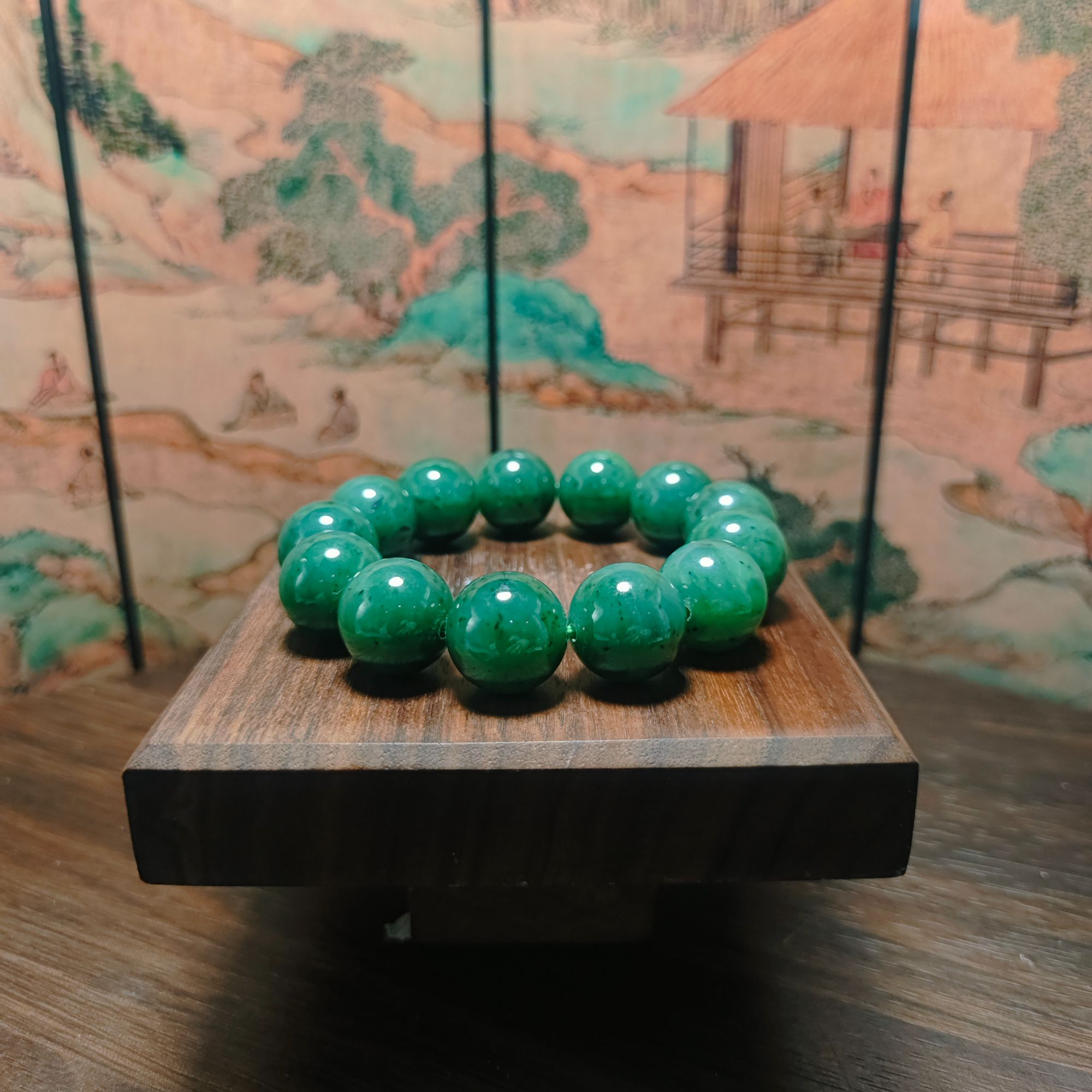 W和田玉碧玉圆珠手串（卡16）0374