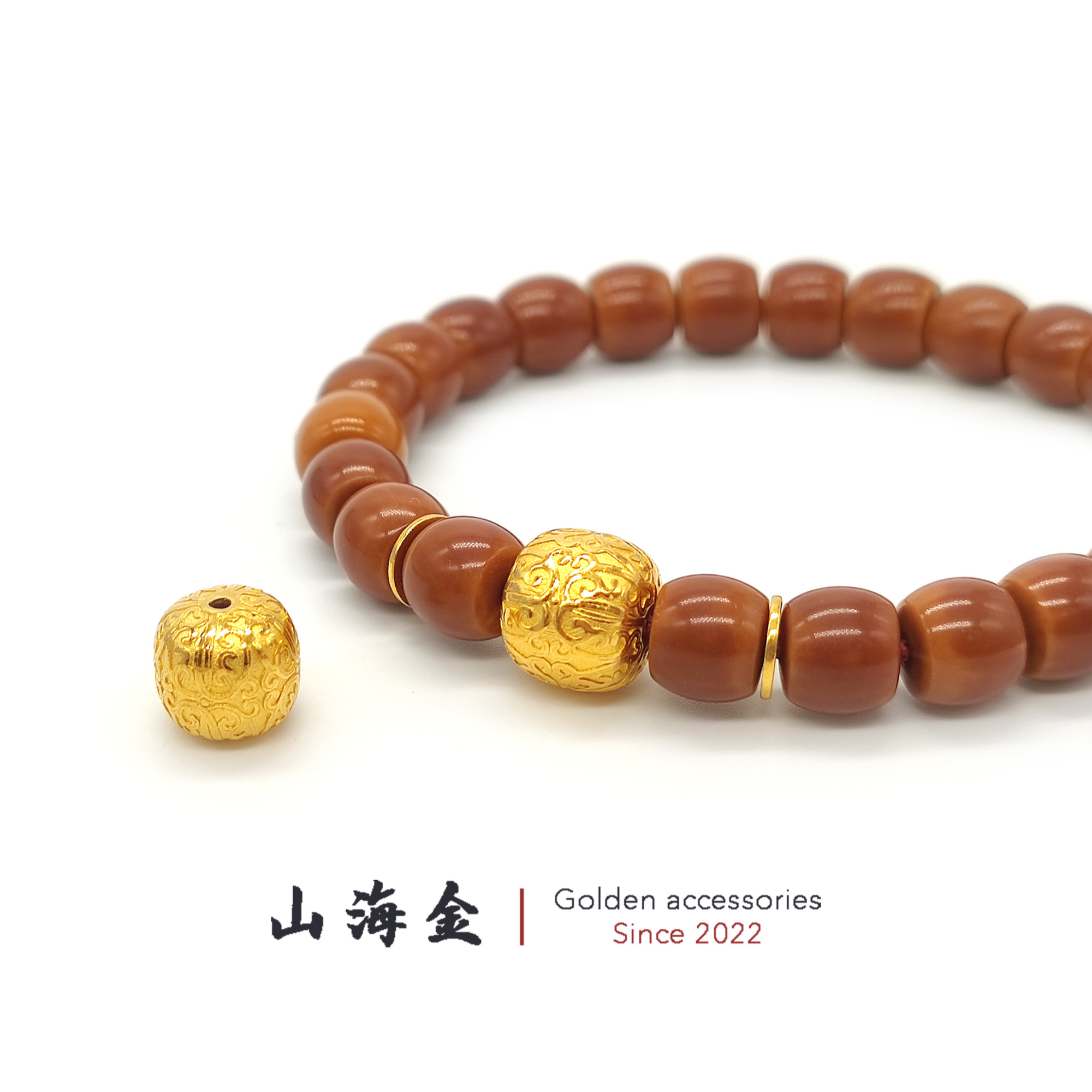 山海金 24K纯黄金足金云纹老型珠桶珠顶珠腰珠隔珠文玩手串金配饰