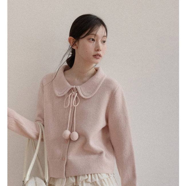 羊城故事粉色娃娃领甜美温柔宽松冬针织开衫毛衣Y2512x毛衣x25516