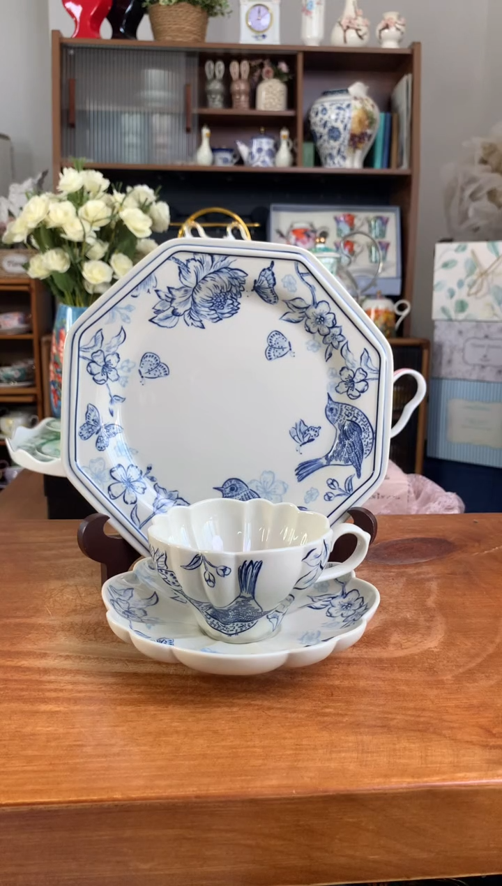 陶瓷复古青鸟杯碟+八角盘一套