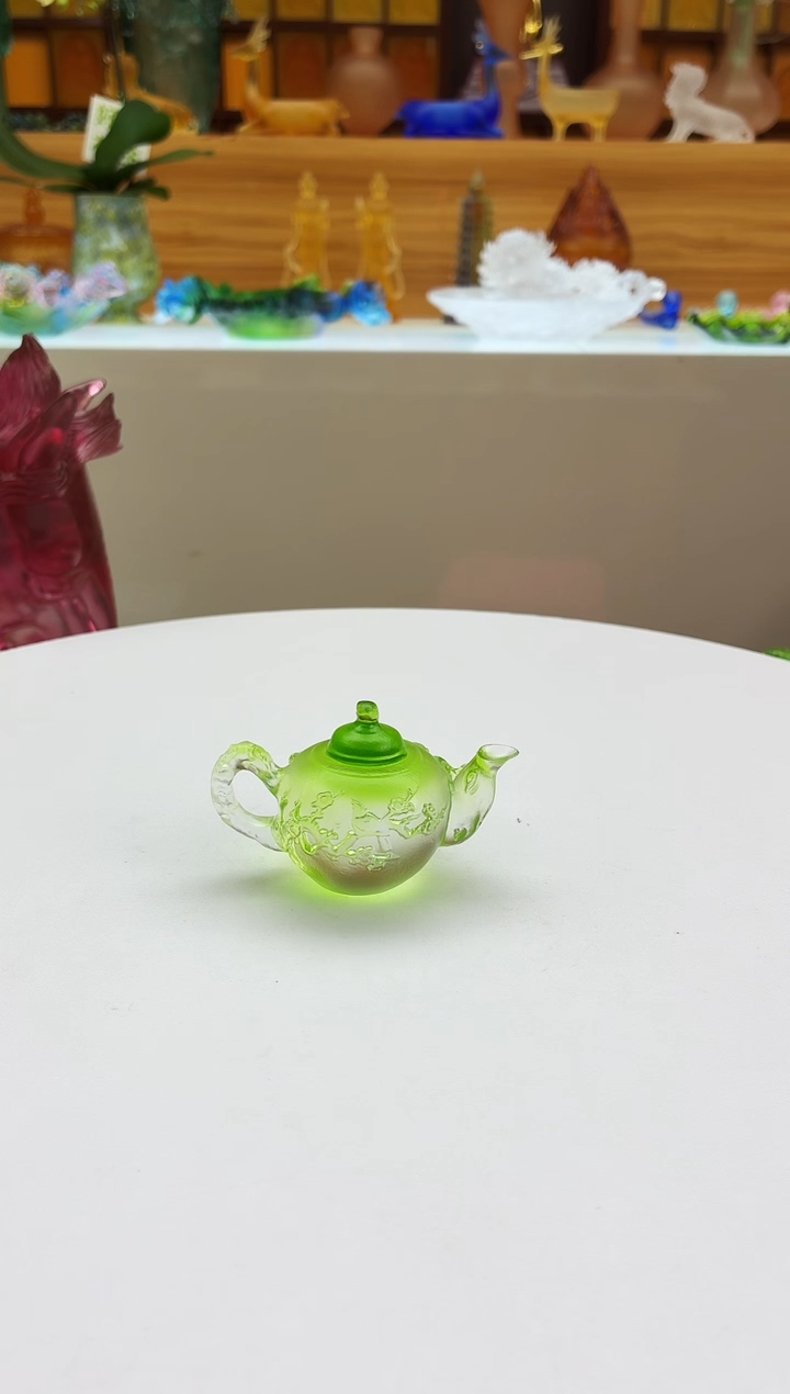 手工艺品琉璃绿色梅花壶茶宠摆件