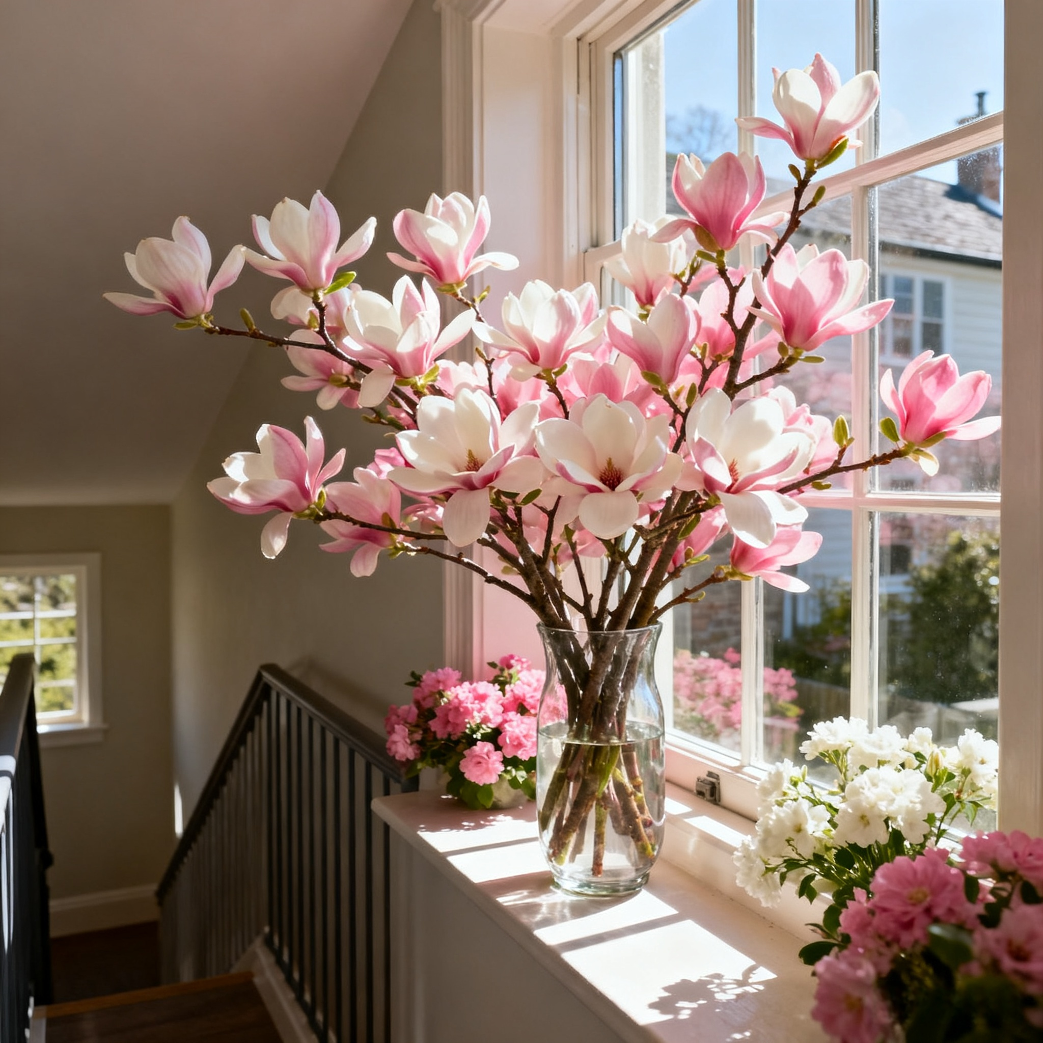 白玉兰花水培鲜枝红梅桃花枝支带花苞雪柳干枝水养室内耐寒鲜切花