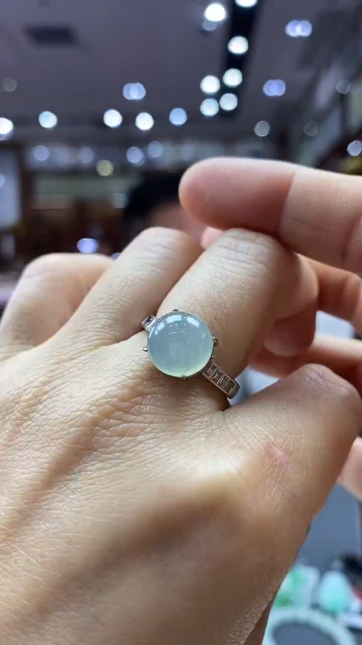 颈饰银S925镶嵌翡翠蛋面戒指 34号