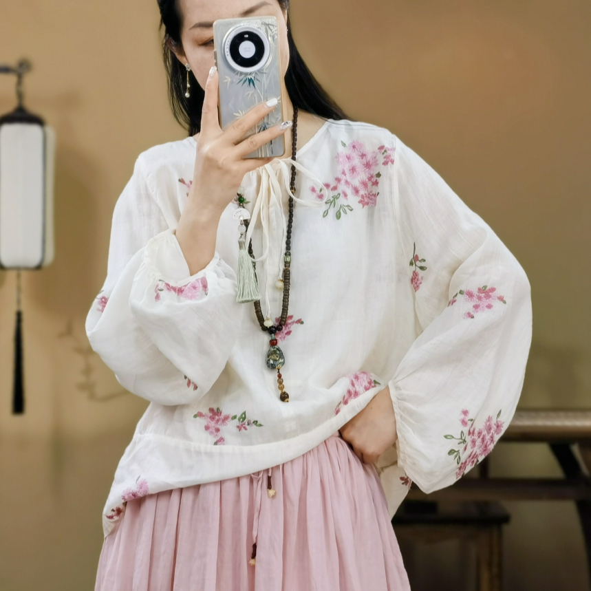 束心新中式女装新款苎麻彩色刺绣灯笼袖上衣女宽松大码纯色小衫女