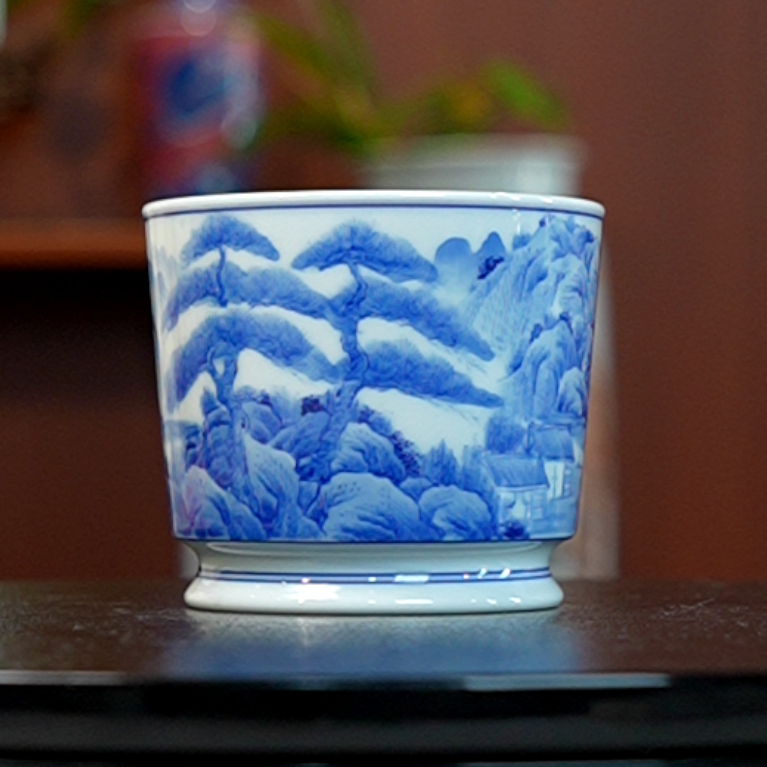 12.27/N100198/00815/青花山水融天杯/口径8.3/高7.1
