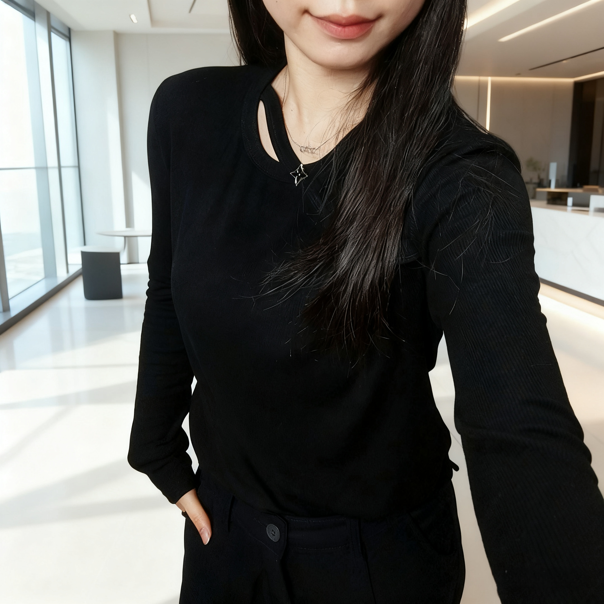 2025新款长袖休闲风T恤圆领秋冬针织女长袖修身镂空显瘦时尚百搭